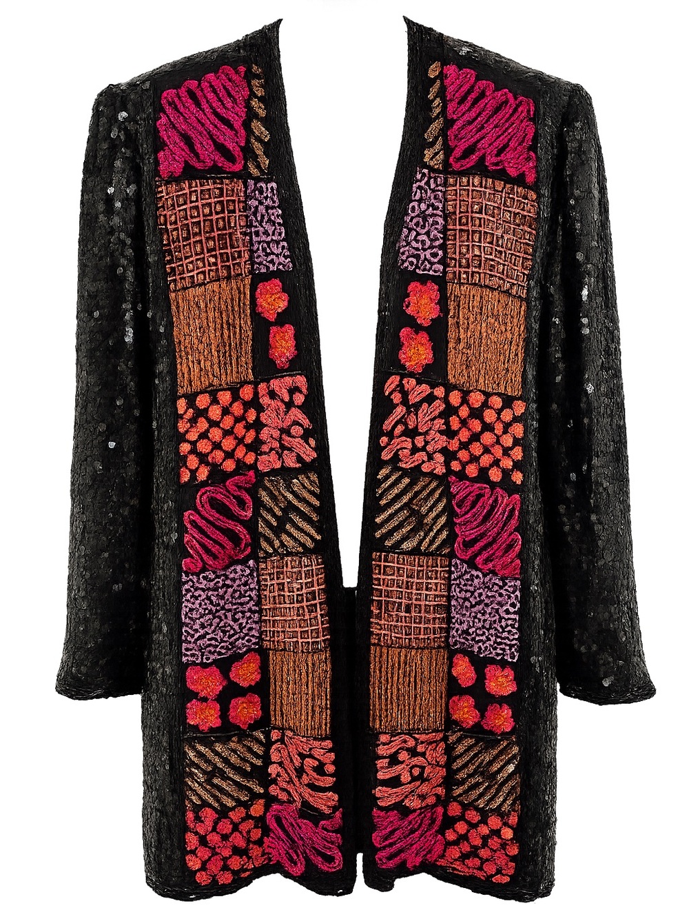Vintage 80s Spiegel Beaded Silk Evening Jacket Black Sequin Open Front Art Wear